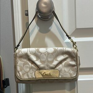 Coach Cream Signature Shoulder Bag with Flap Closure